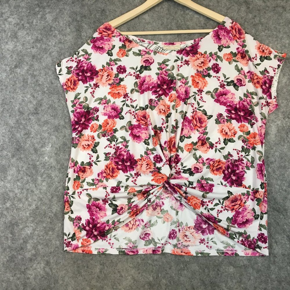 Bobbie Brooks Top 2X Floral Boho Lace Back Knot Front Gathered Crop Dolman Cap